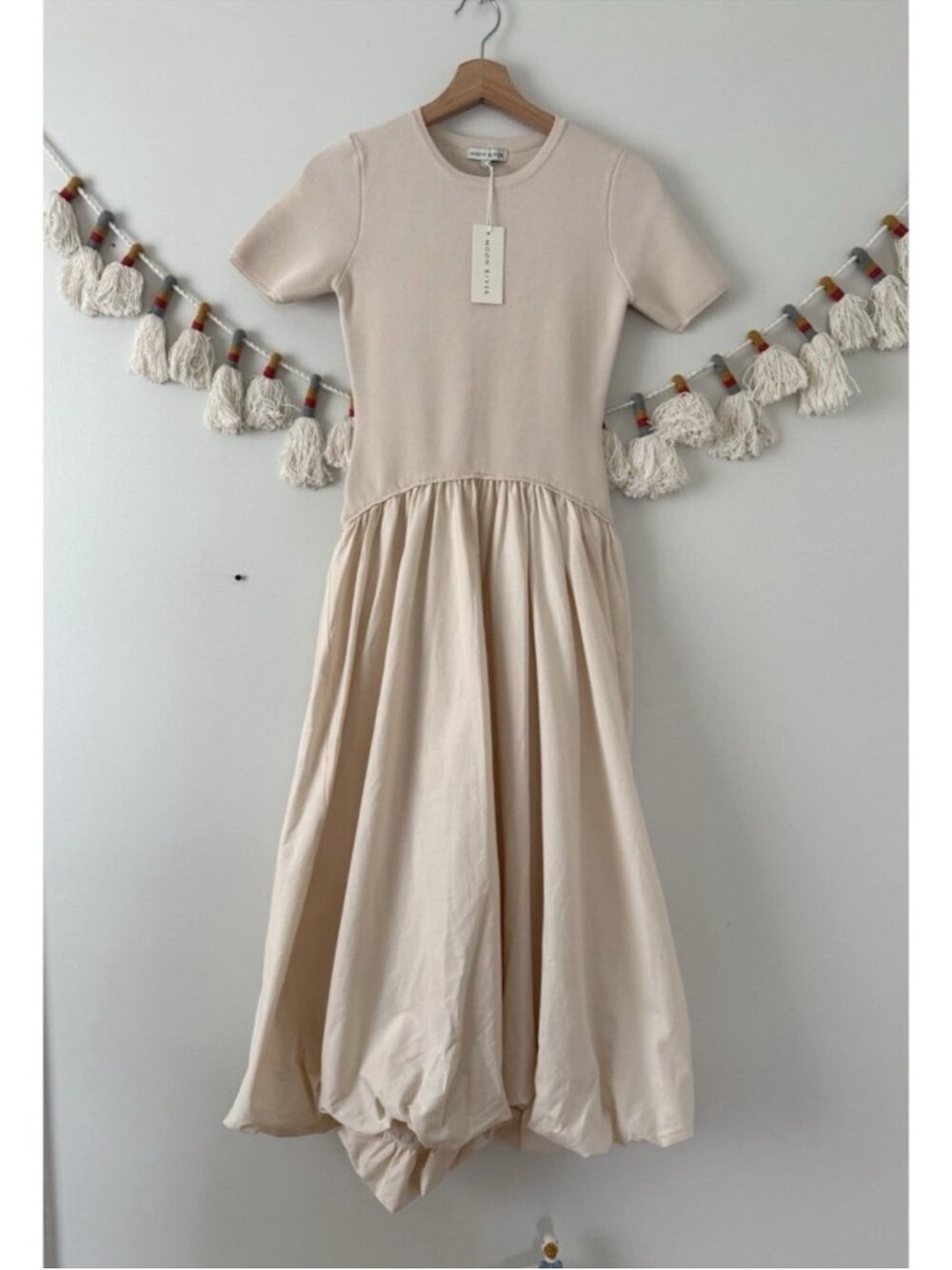 Moon River Cream Short-Sleeve Midi Dress